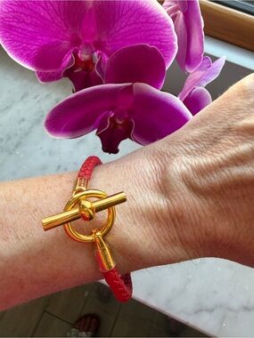 Hermes Red Braided Leather Bracelet with Gold Toggle T4